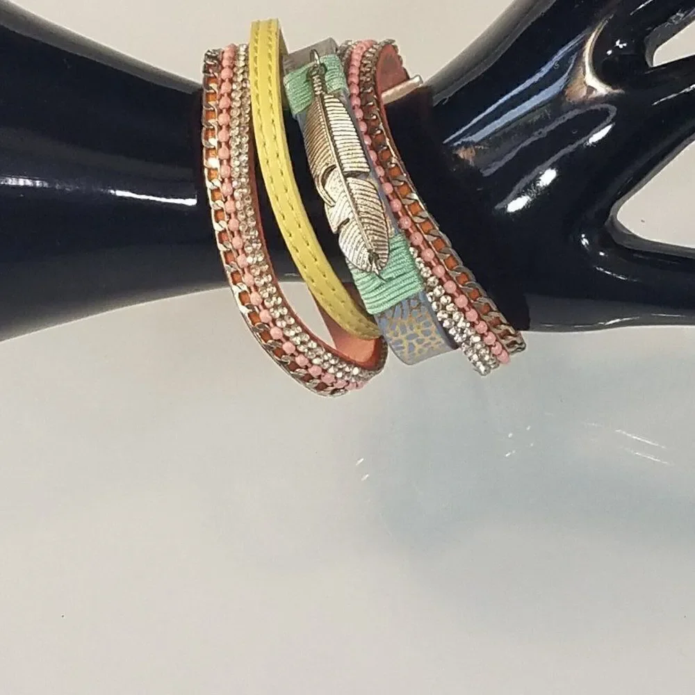 Feather Charm Faux Leather Wrap Bracelet Bling Multi Layer With Magnetic Clasp